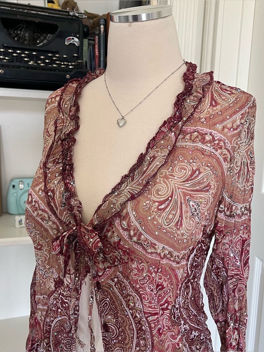 No Boundaries Burgundy Paisley Ruffle-Trim Sheer Blouse - Picture 5 of 7